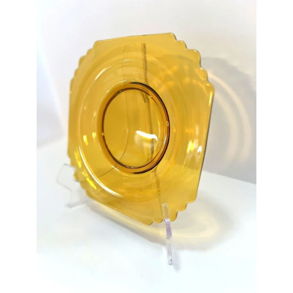 Vintage Amber Glass Square Salad Plate 8” Scalloped Art Deco MCM